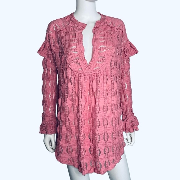 $128 NEW Free People  Candy Shop Lace Texture Tunic V-neckline Ruffle accents S - Picture 3 of 8